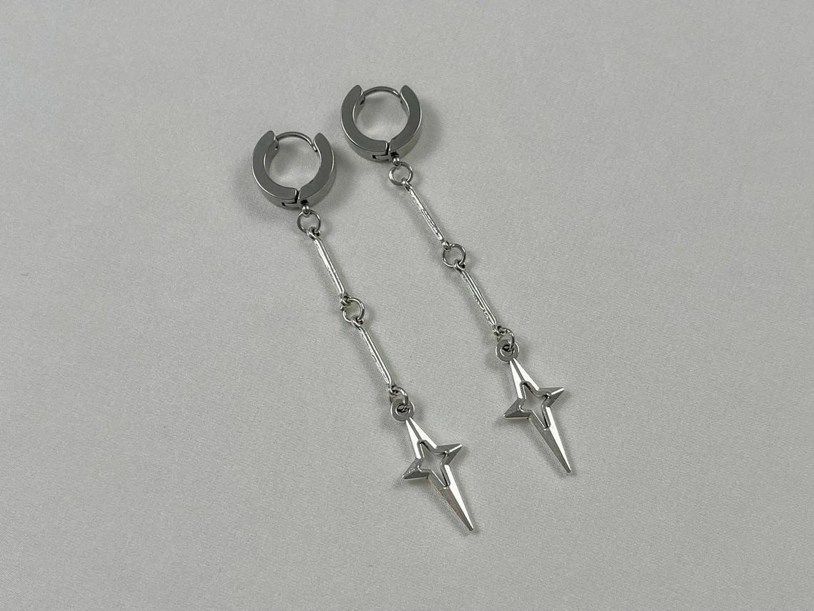 Silver Drop Star Earrings long