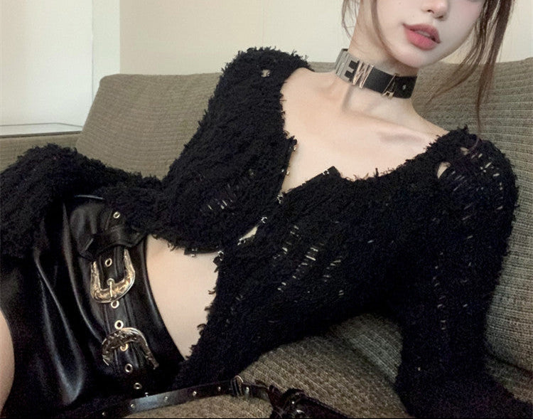 button up Black Knitted Cardigan Top Womens