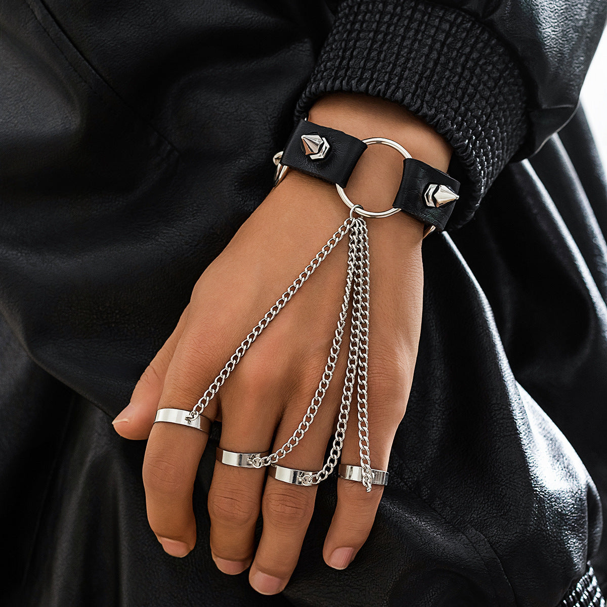 mens Punk Slave Bracelet - Handchain with Rings