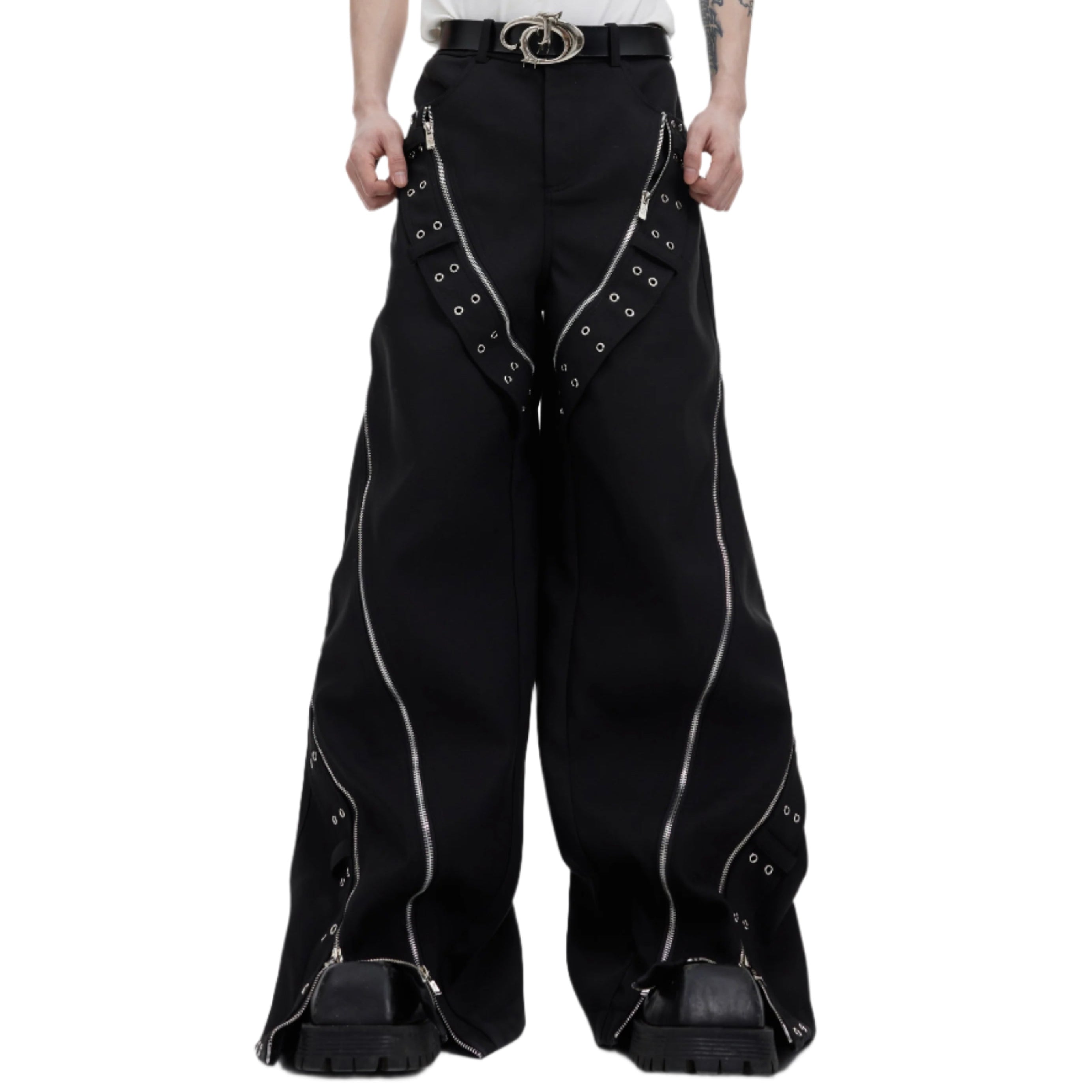 mens Wide Leg Metal Zipper Punk Trousers