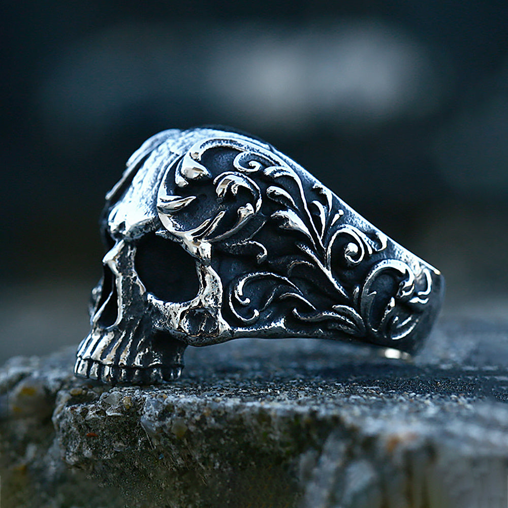 steel Floral Skull Ring