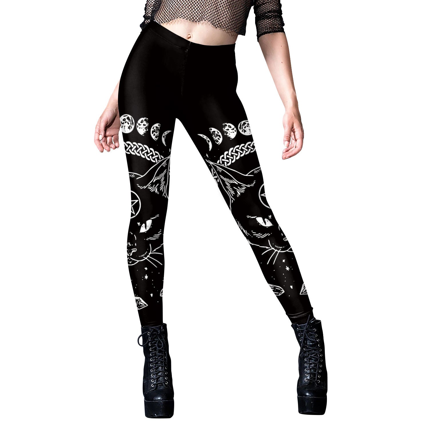 pentagram cat leggings Goth Yoga Pants with Gothic Print