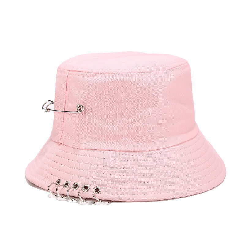 pink Goth Black Bucket Hat Metal O Rings & Safety Pins