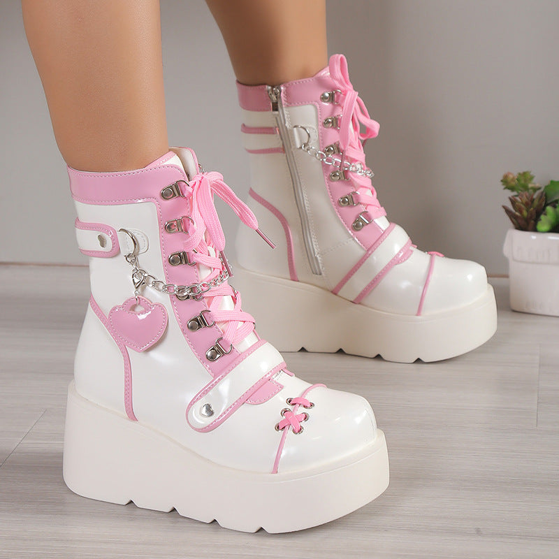 pink Goth Flat Platform Boots Black and White