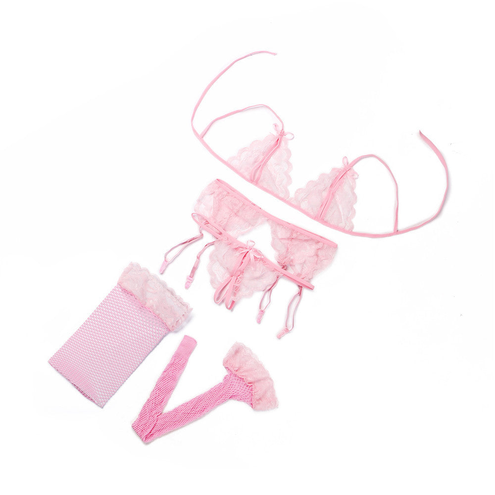 pink Goth Garter Underwear 4 Piece Set with Stockings
