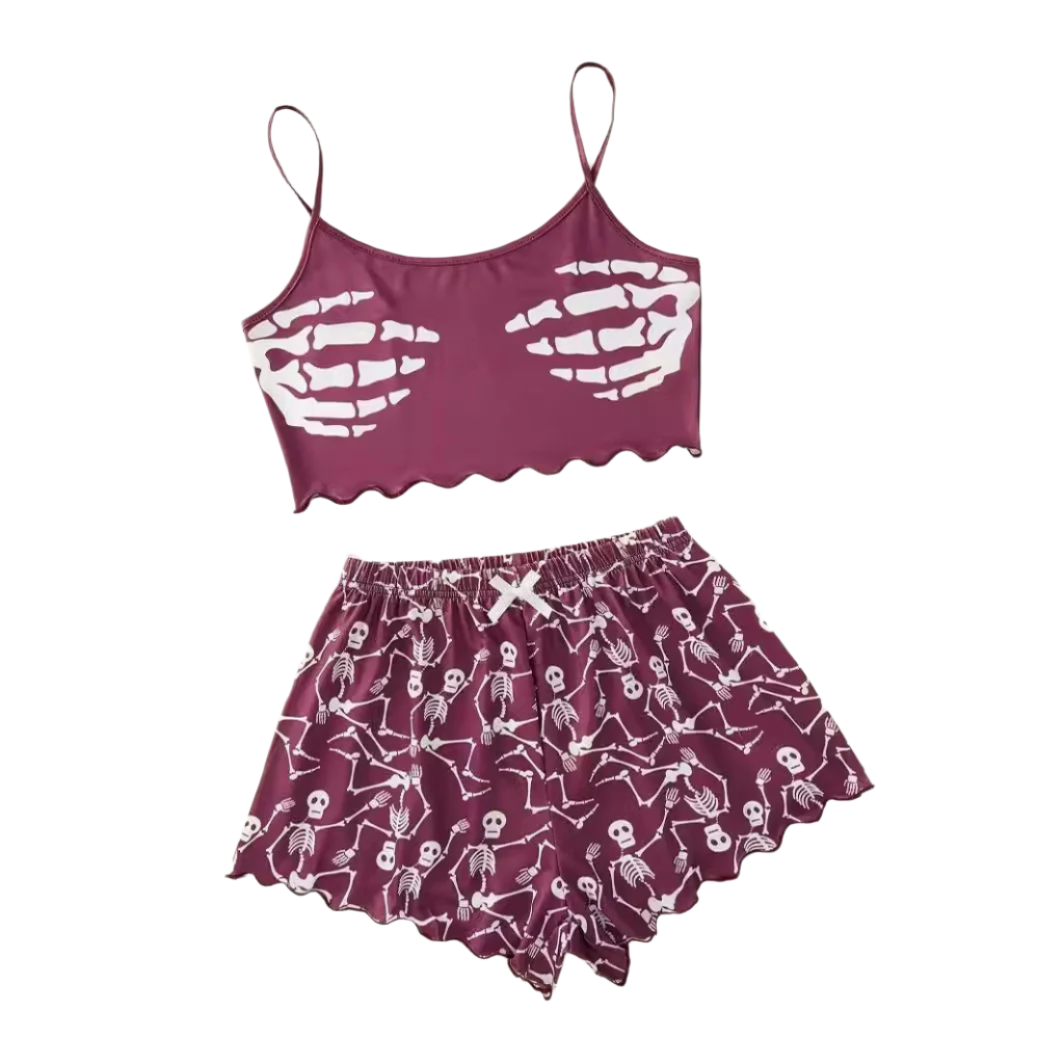 pink Goth Pj Set with Skeleton Palms