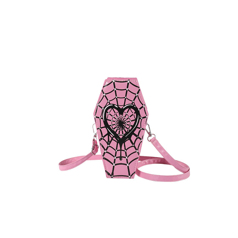 pink Spider Web Heart Coffin Bag Crossbody Womens