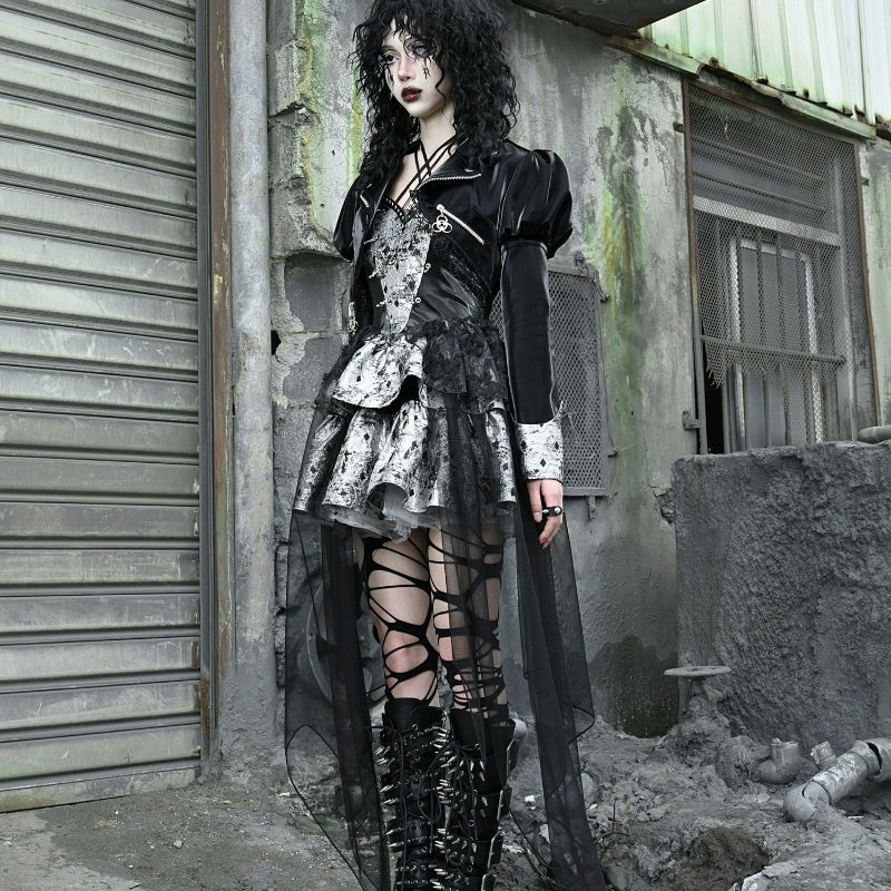 puffy Goth Leather Jacket with Lace Vegan Womens