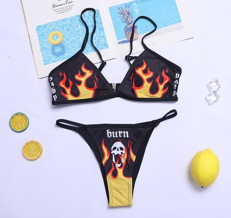 punk "Burn" Alternative Skull and Fire Bikini Set
