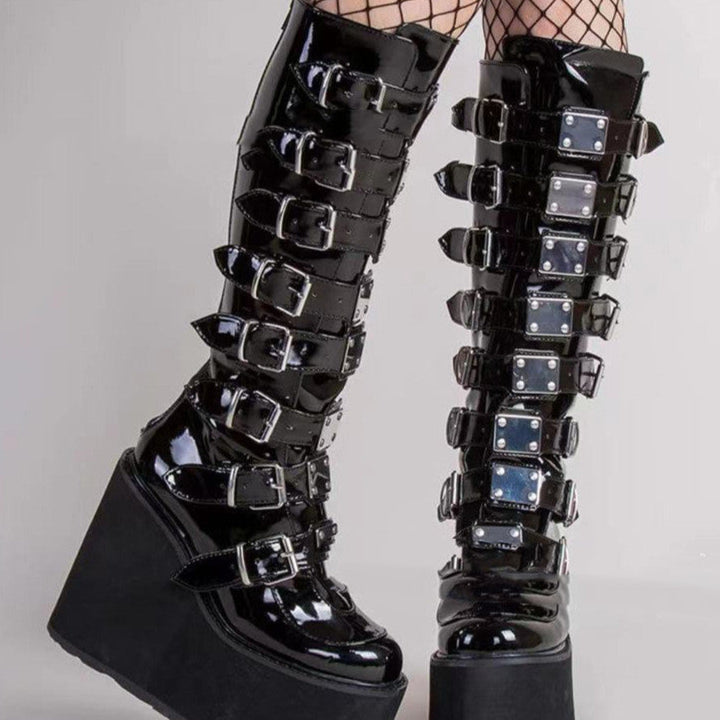 punk Goth Knee Boots Womens Buckle Straps