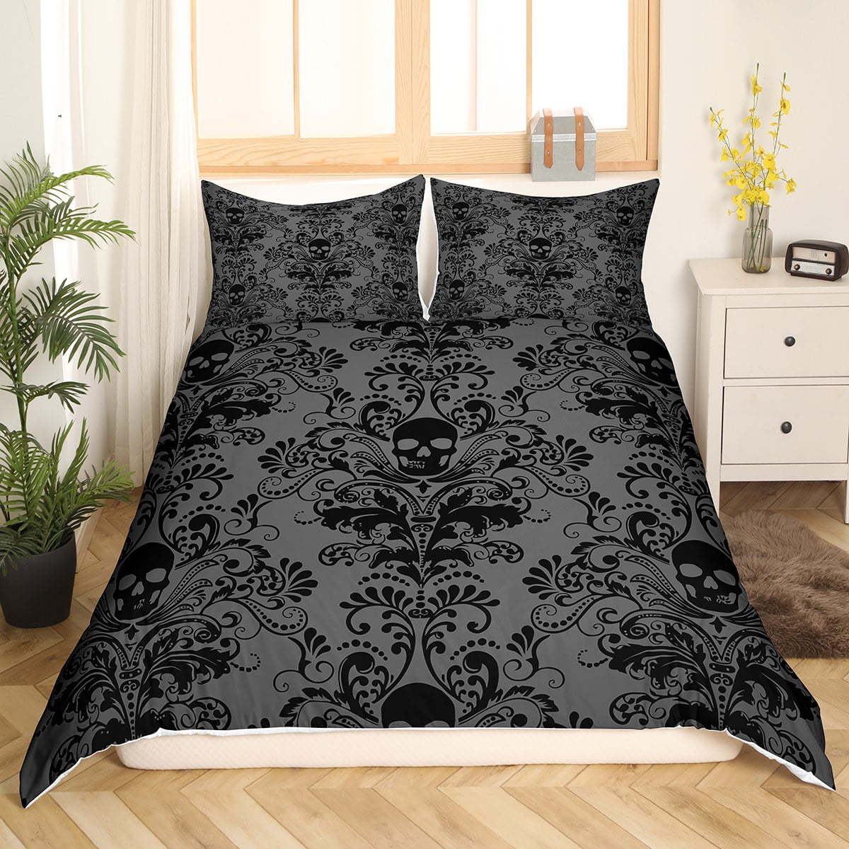 Gray Romantic Goth Bedding Set with Floral Skull Design punk