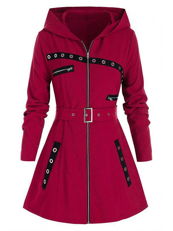 punk Long Red Gothic Hooded Jacket