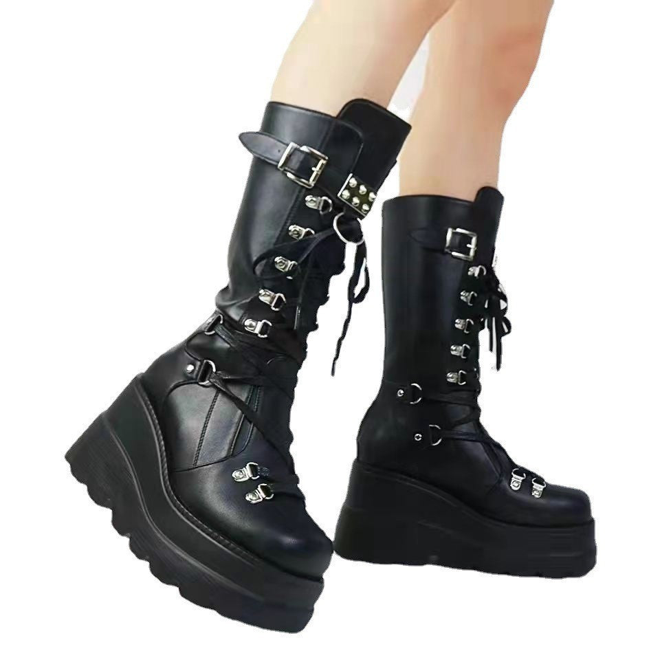 punk Womens Gothic Boots Black Vegan Leather