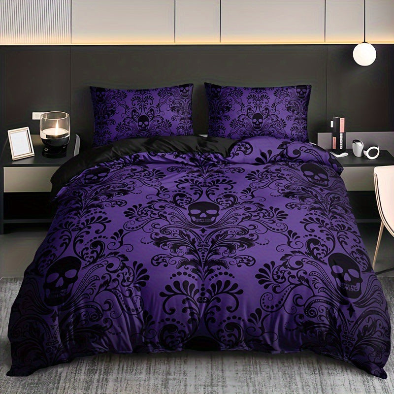 purple Gray Romantic Goth Bedding Set with Floral Skull Design