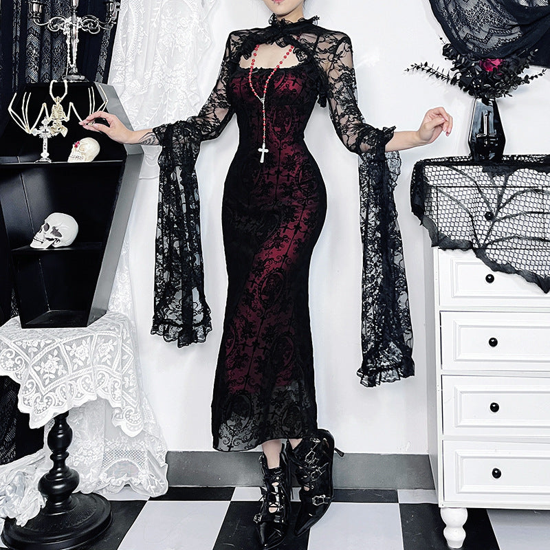 red lace Gothic Midi Dress - Wine Red Lace