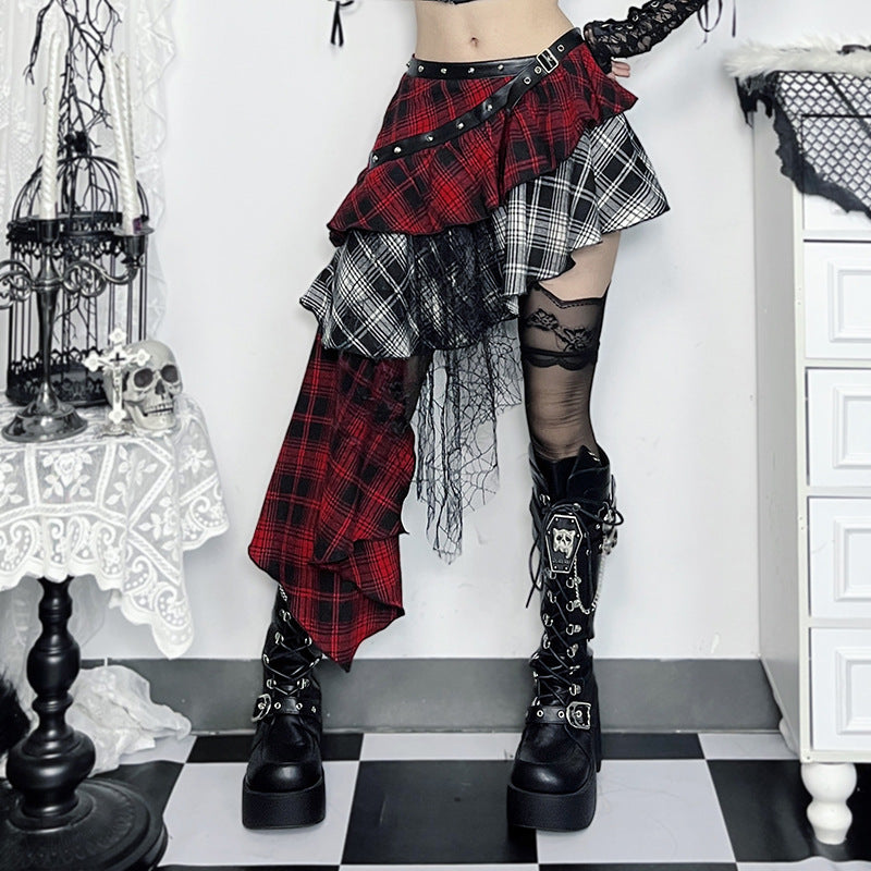 red Lace Steampunk Plaid Skirt