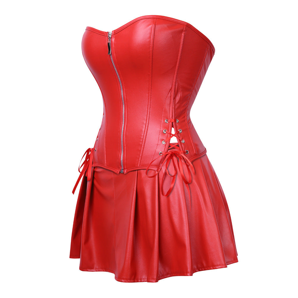 red Leather Corset Top with Skirt Set Co Ord