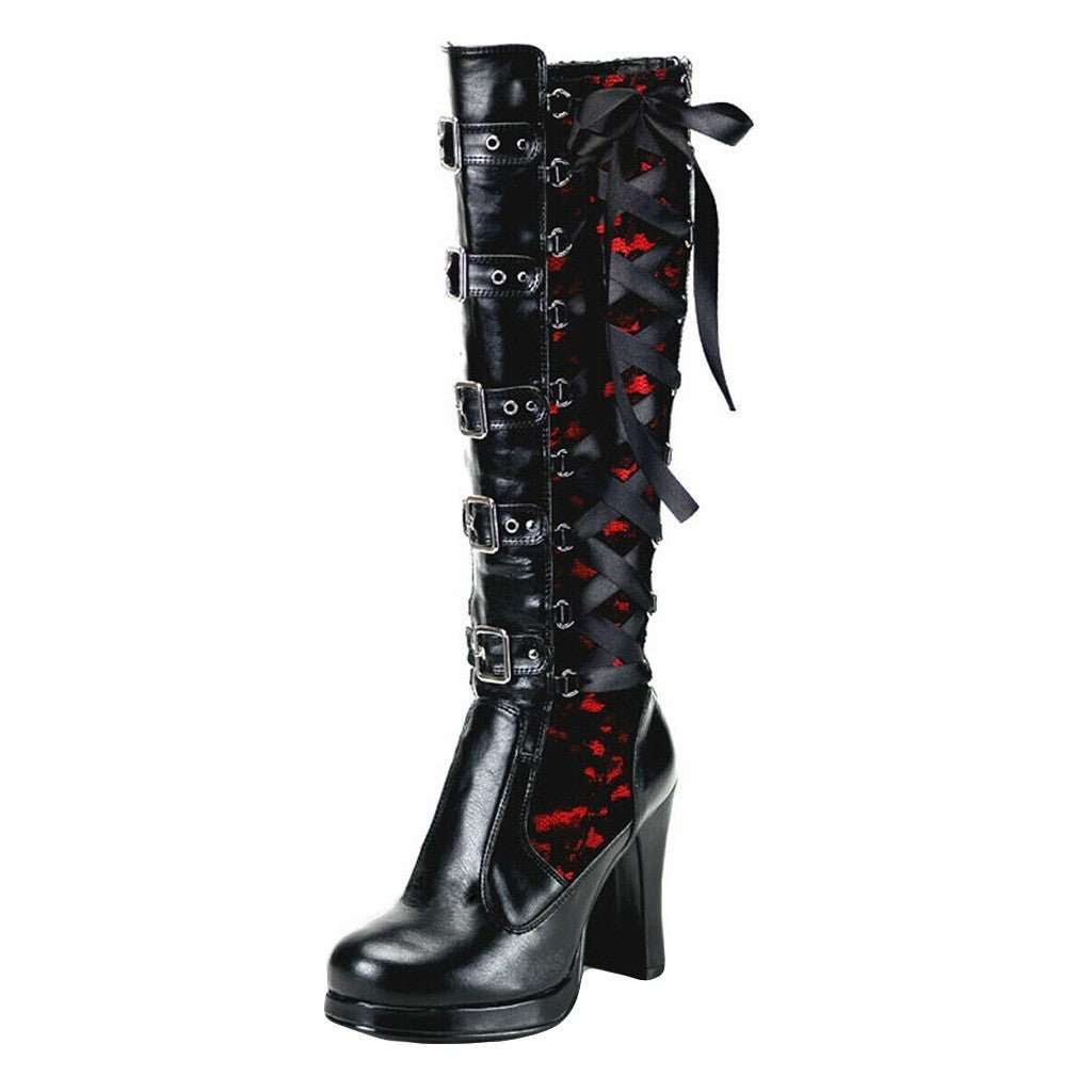 red Ribbon Lace High Heel Boots Goth Style