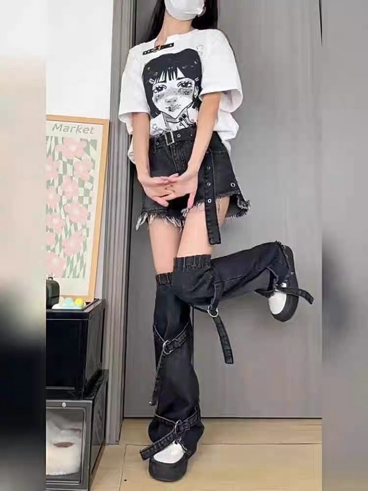 ripped Denim Shorts with Denim Leg Warmers Set