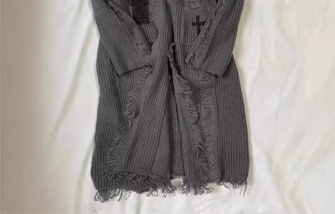 ripped Gray Goth Cardigan with Cross