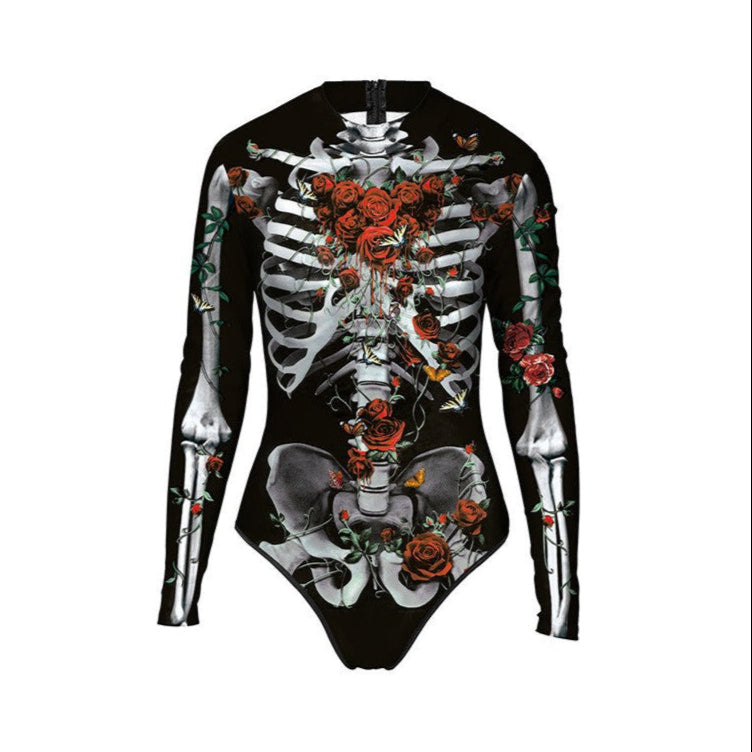 bone with red roses Skeleton Swimsuit for Women