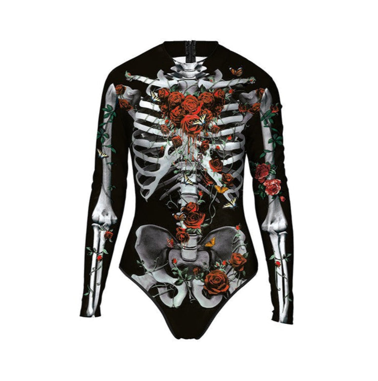 bone with red roses Skeleton Swimsuit for Women