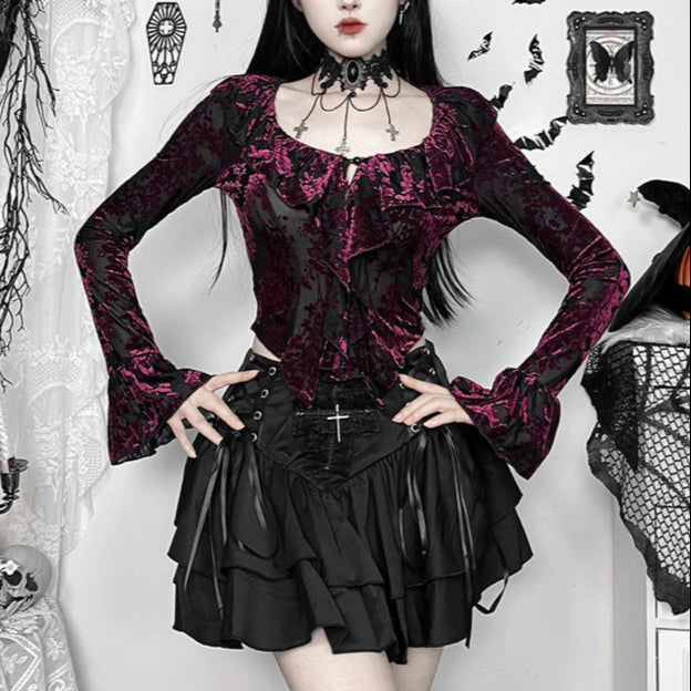 ruffle Black Purple Gothic Blouse Womens