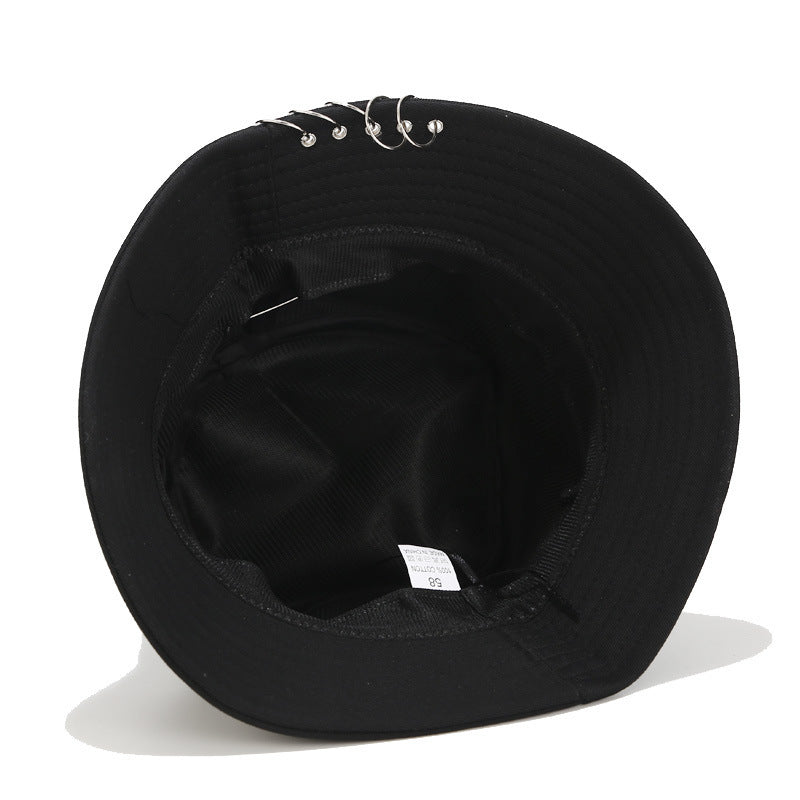Goth Black Bucket Hat Metal O Rings safety pins