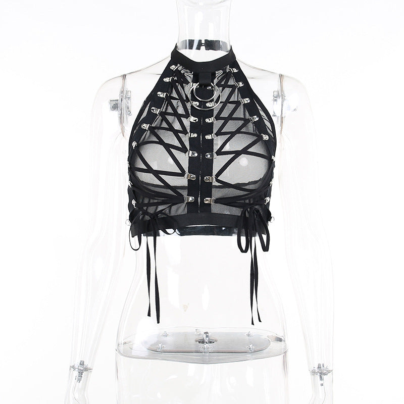 black Harness Sheer Halter Top Womens