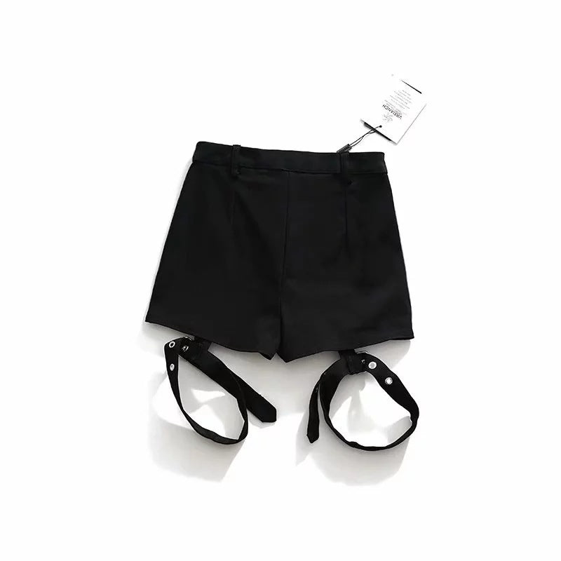 high waist Black Strapped Shorts - Cargo Shorts