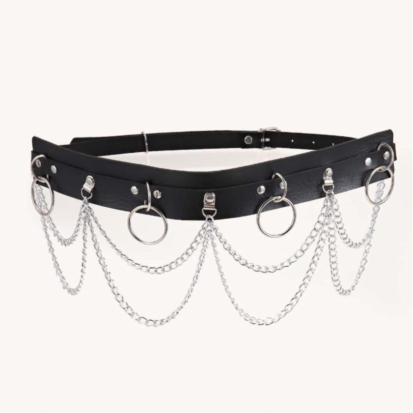 sexy Gothic Chain Belt with Metal Rings Vegan Leather