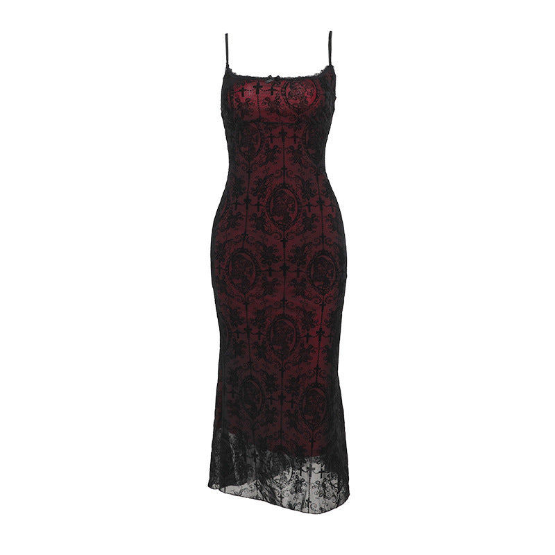 sexy Gothic Midi Dress - Wine Red Lace