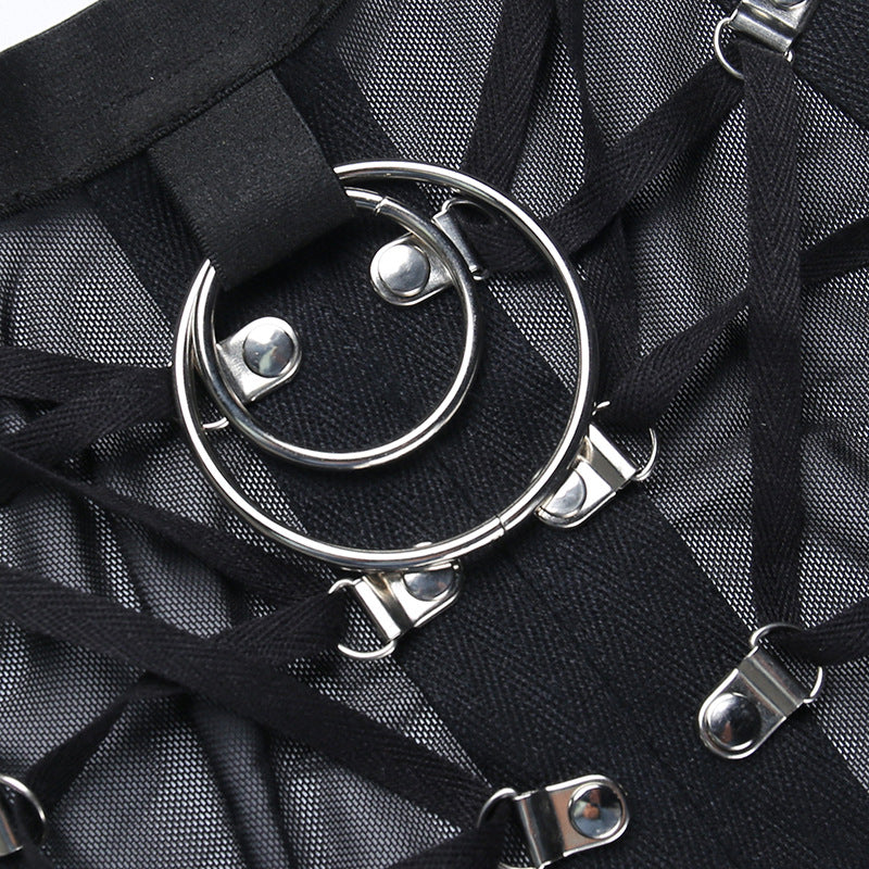 metal circle Harness Sheer Halter Top Womens