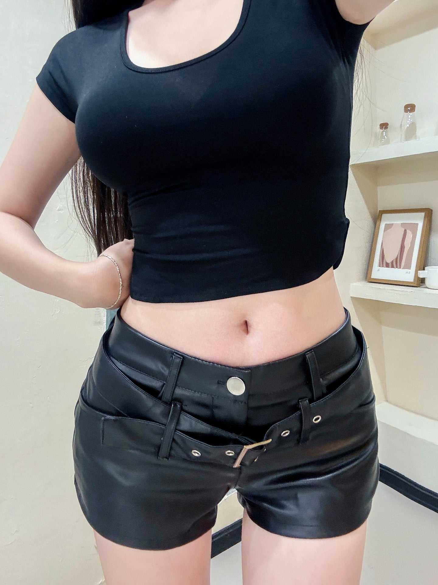 leather black Low Rise Gothic Shorts