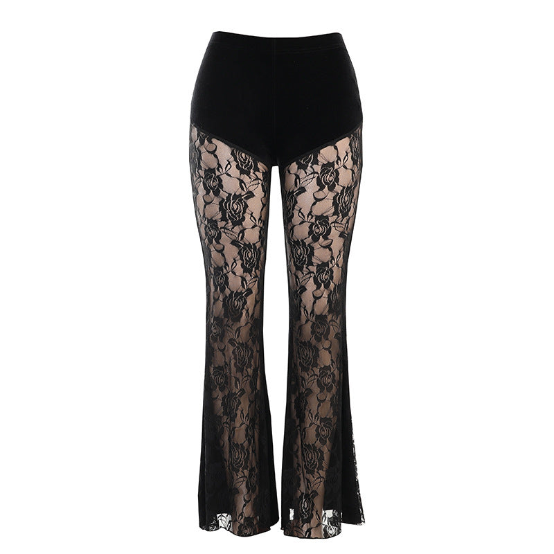 see through Sheer Gothic Lace Pants with Roses