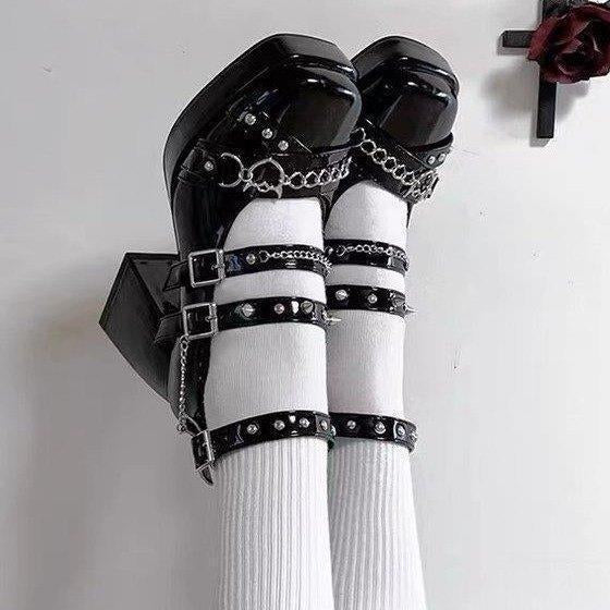 shiny Goth Pumps Black Square Heels