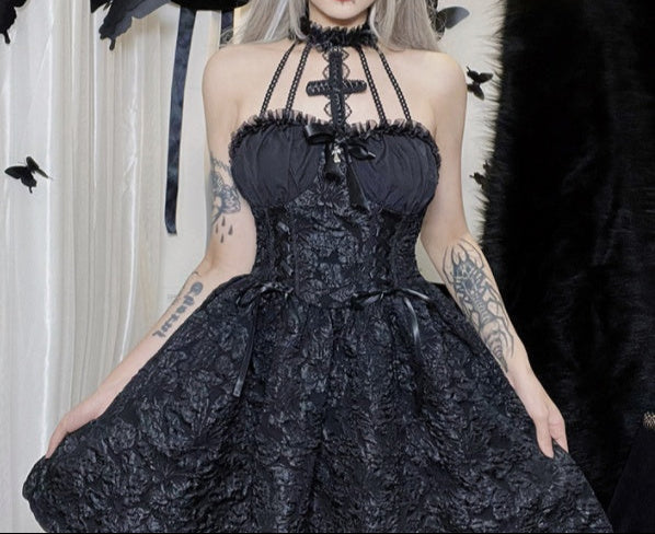 short Black Mini Goth Dress with Cross Neck