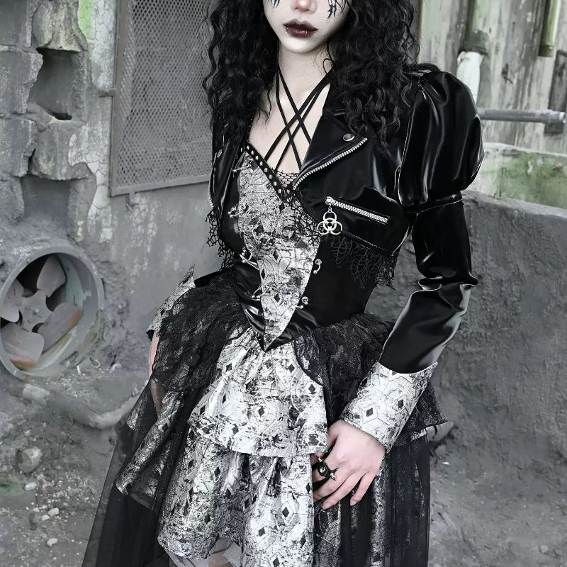 short Goth Leather Jacket with Lace Vegan Womens