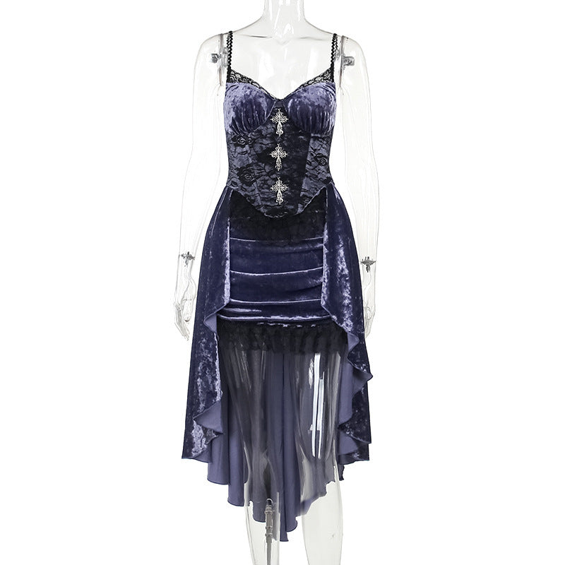 short Purple Gothic Dress - Velvet with Crosses