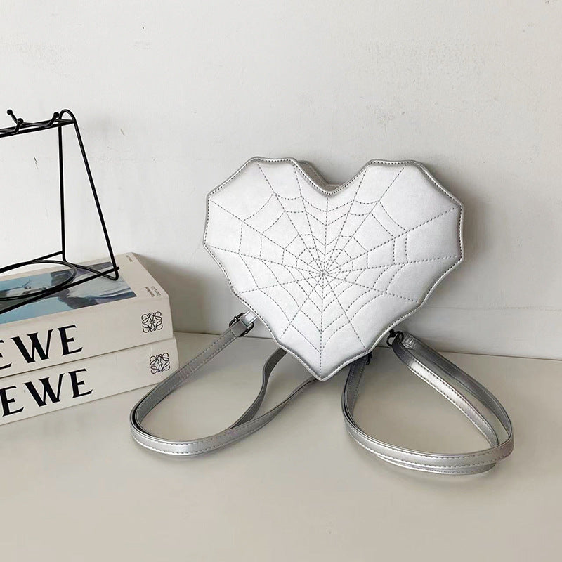 silver convertible Gothic Heart shape Backpack with Spider Web Design