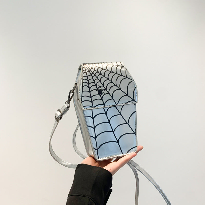 silver white Gothic Spider Bag Crossbody with Spider Web