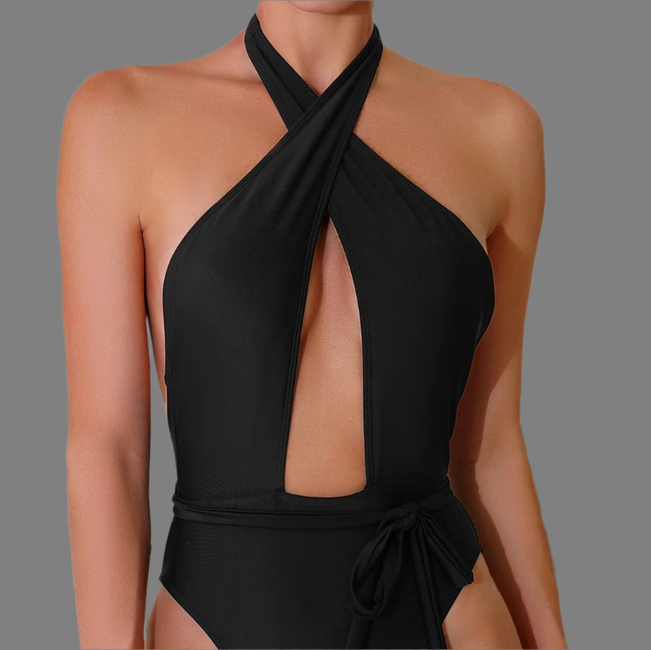 solid Backless Black Haltertop Swimsuit