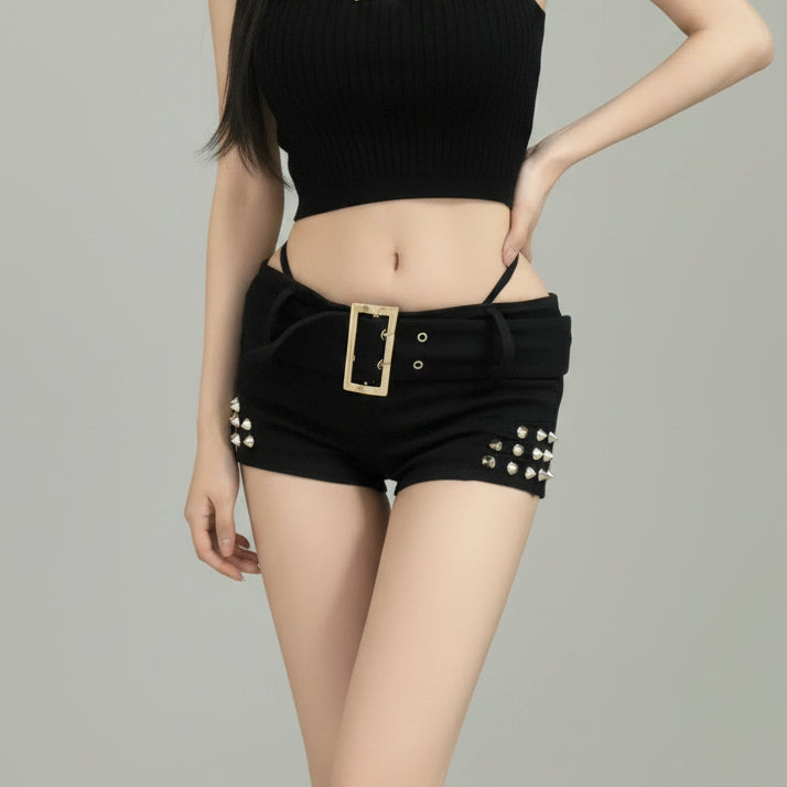 spikes Black Belted Low Rise Shorts Womens