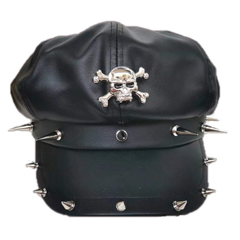 spiked Goth Skull Studded Cap Black Vegan Leather