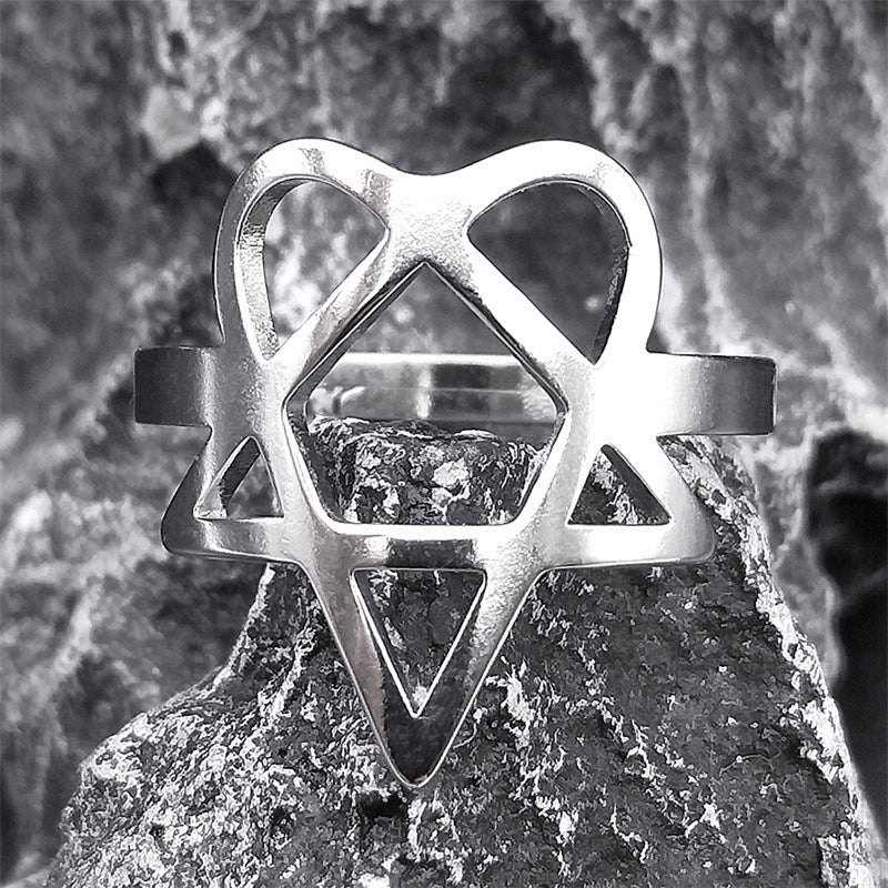 Heart Pentagram Ring stainless steel silver