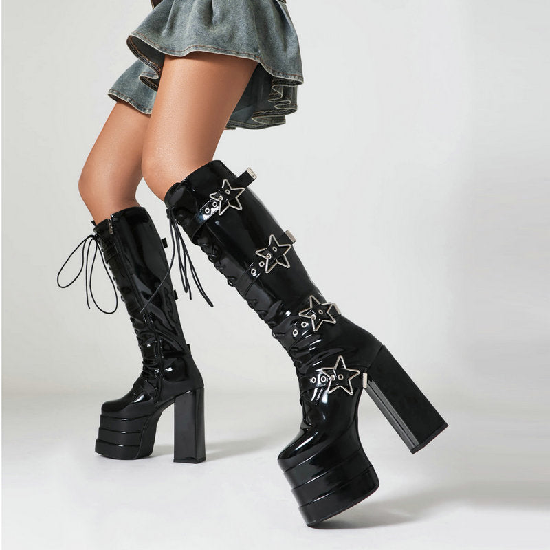 stars Goth Knee High Boots Female Vegan Leather