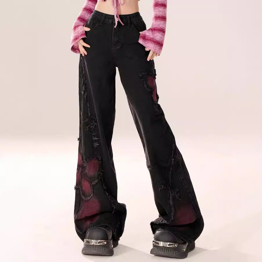 butterfly y2k Red-Black Alternative Jeans for Women