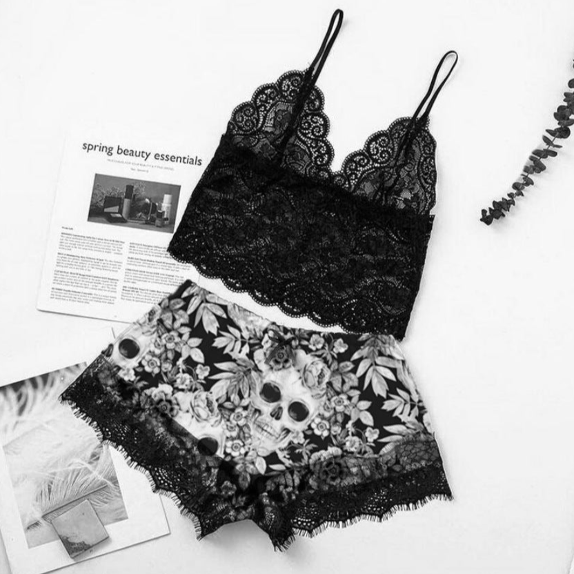 womens Lace Goth Pjs with Skulls short sleeve