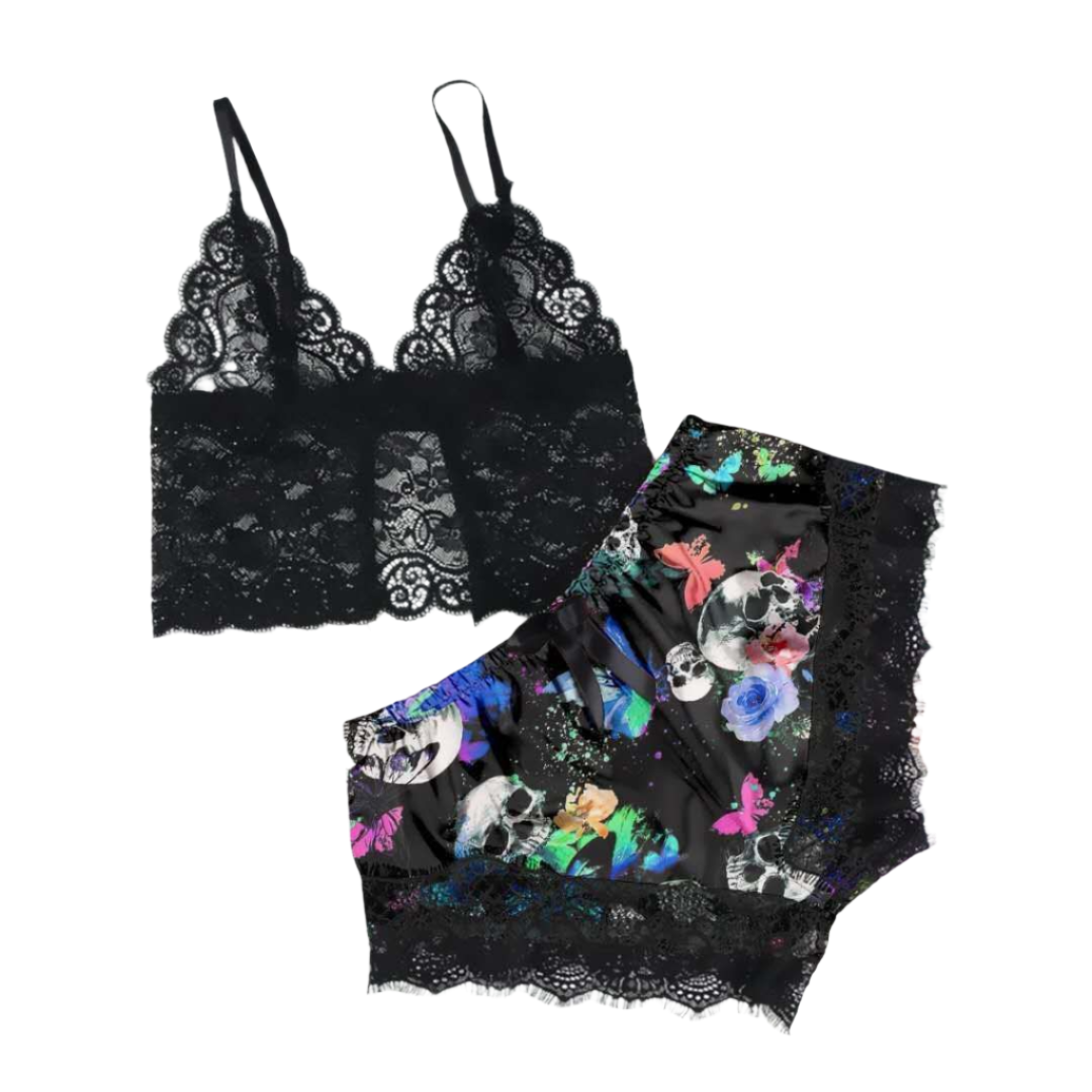 sexy Gothic Pajamas Loungewear with Skulls and Butterflies short