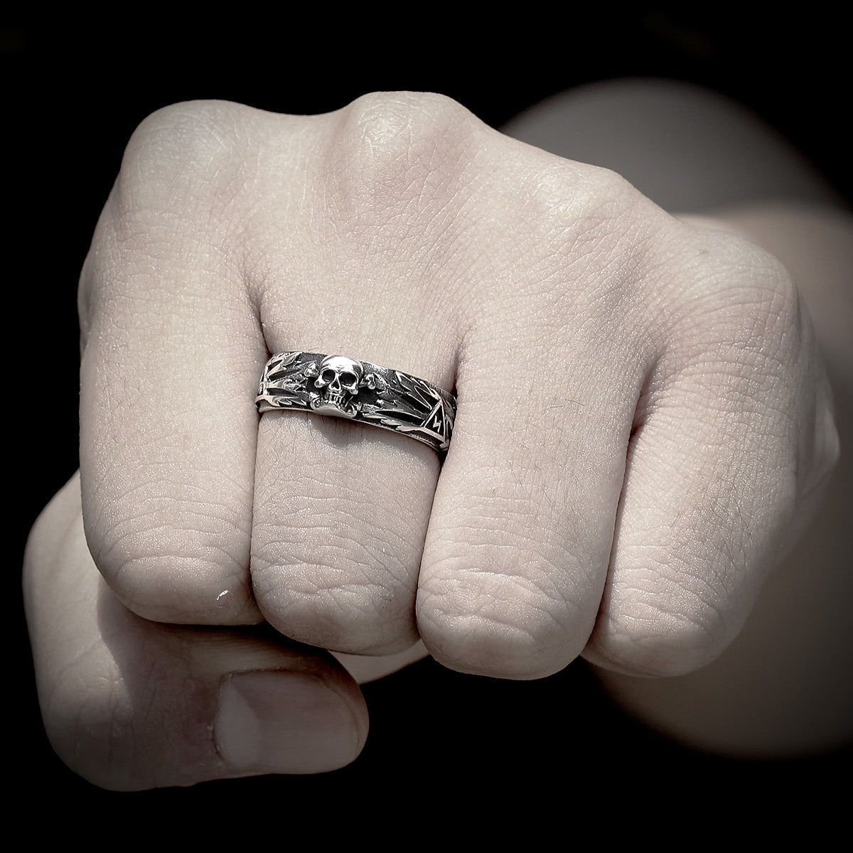 text Engraved Skull Ring Band silver steel